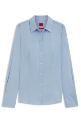 Slim-fit blouse in easy-iron poplin, Light Blue