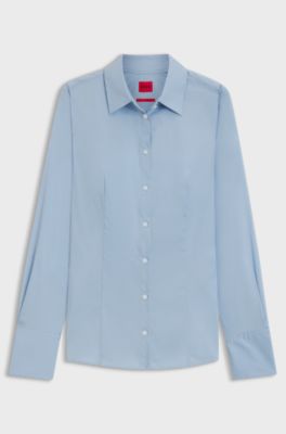 Blusa slim fit en popel&iacute;n de planchado f&aacute;cil, Celeste