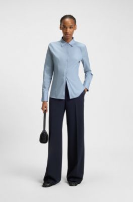 Slim-fit blouse in easy-iron poplin, Light Blue