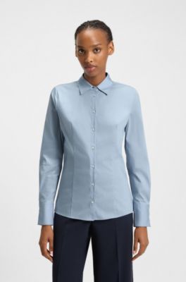 Slim-Fit Bluse aus b&uuml;gelleichter Popeline, Hellblau
