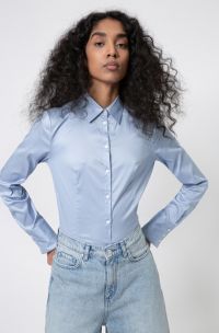 Blusa slim fit en popelín de planchado fácil, Celeste