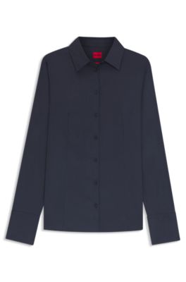 Slim-fit blouse in easy-iron poplin, Dark Blue