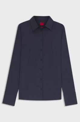 Slim-fit blouse in easy-iron poplin, Dark Blue