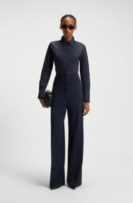 Slim-Fit Bluse aus b&uuml;gelleichter Popeline, Dunkelblau