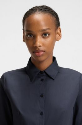 Slim-fit blouse in easy-iron poplin, Dark Blue