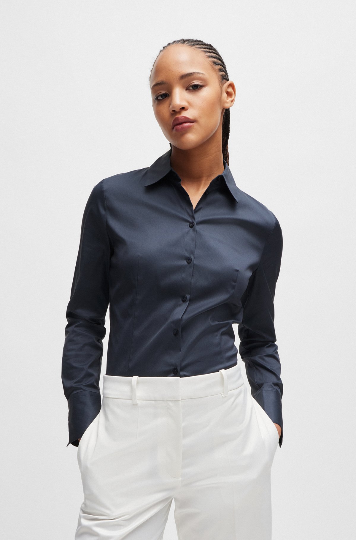Slim-fit blouse in easy-iron poplin, Dark Blue
