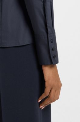 Slim-fit blouse in easy-iron poplin, Dark Blue
