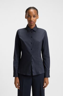 Slim-Fit Bluse aus b&uuml;gelleichter Popeline, Dunkelblau