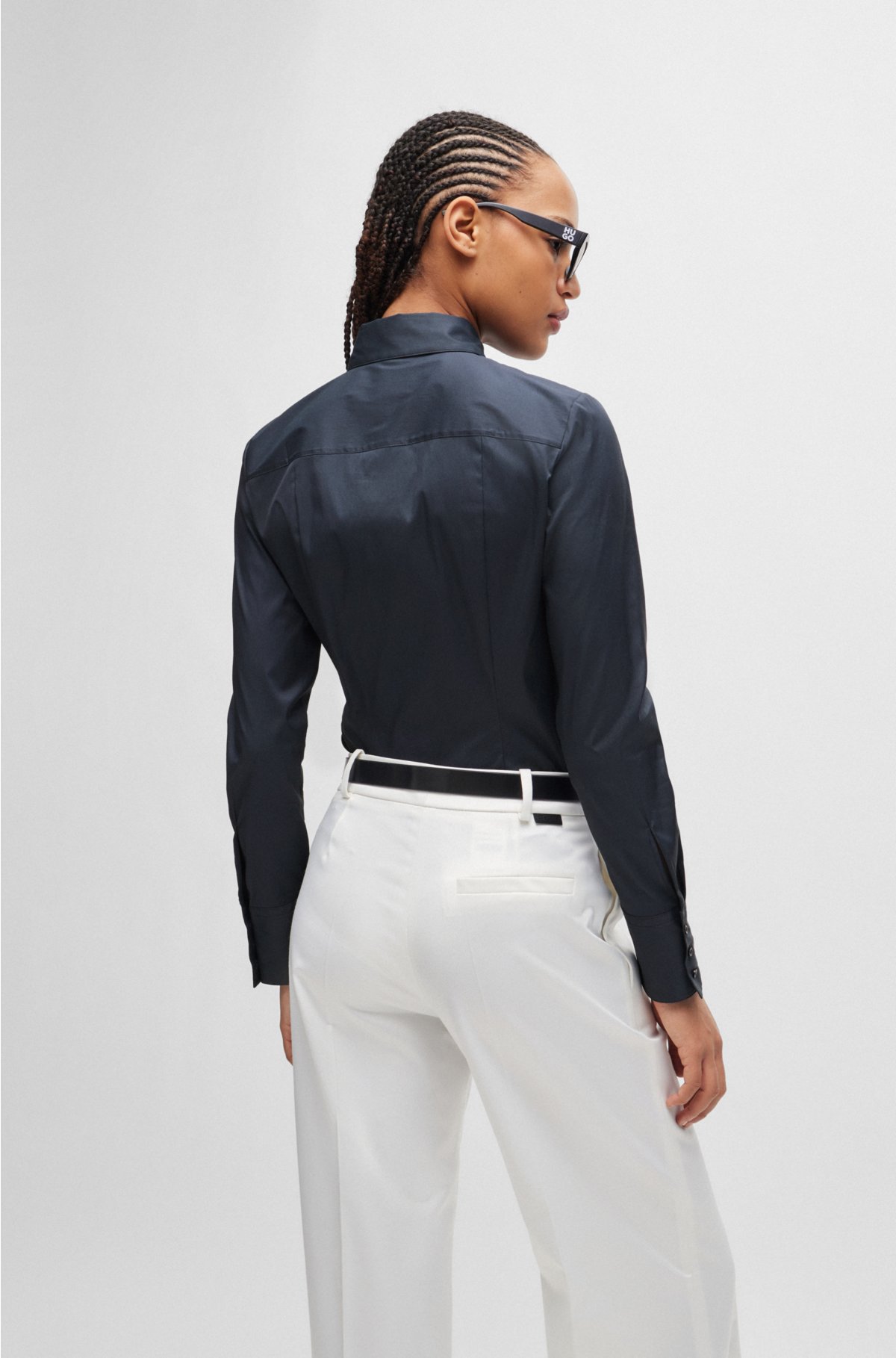 Slim-fit blouse in easy-iron poplin, Dark Blue