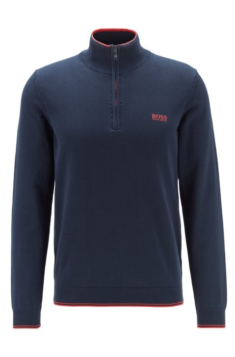 Zip-neck sweater in cotton-blend stretch yarn, Dark Blue