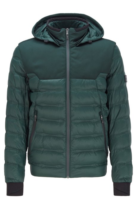Water-repellent down jacket with detachable hood and sleeves, Green