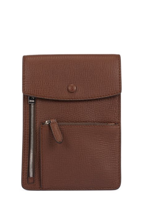 Envelope bag in embossed Italian leather with polished hardware, Brown