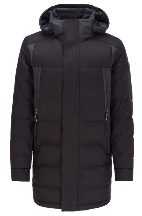 Water-repellent down jacket with detachable hood, Black