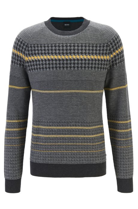 Regular-fit sweater with blocked houndstooth in cotton blend, Dark Grey