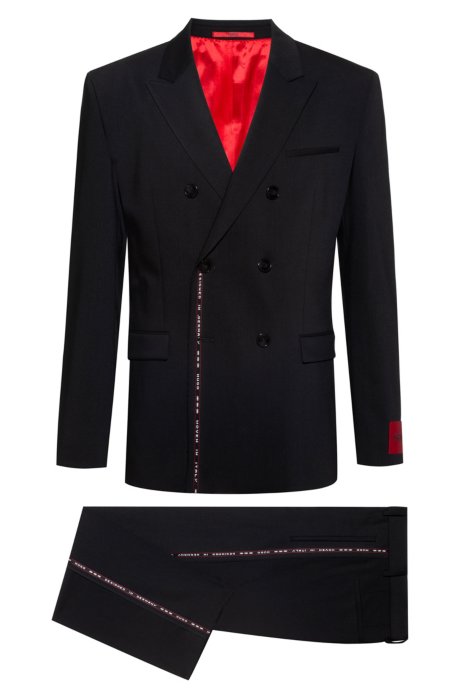 Relaxed-fit double-breasted suit in selvedge stretch wool, Black