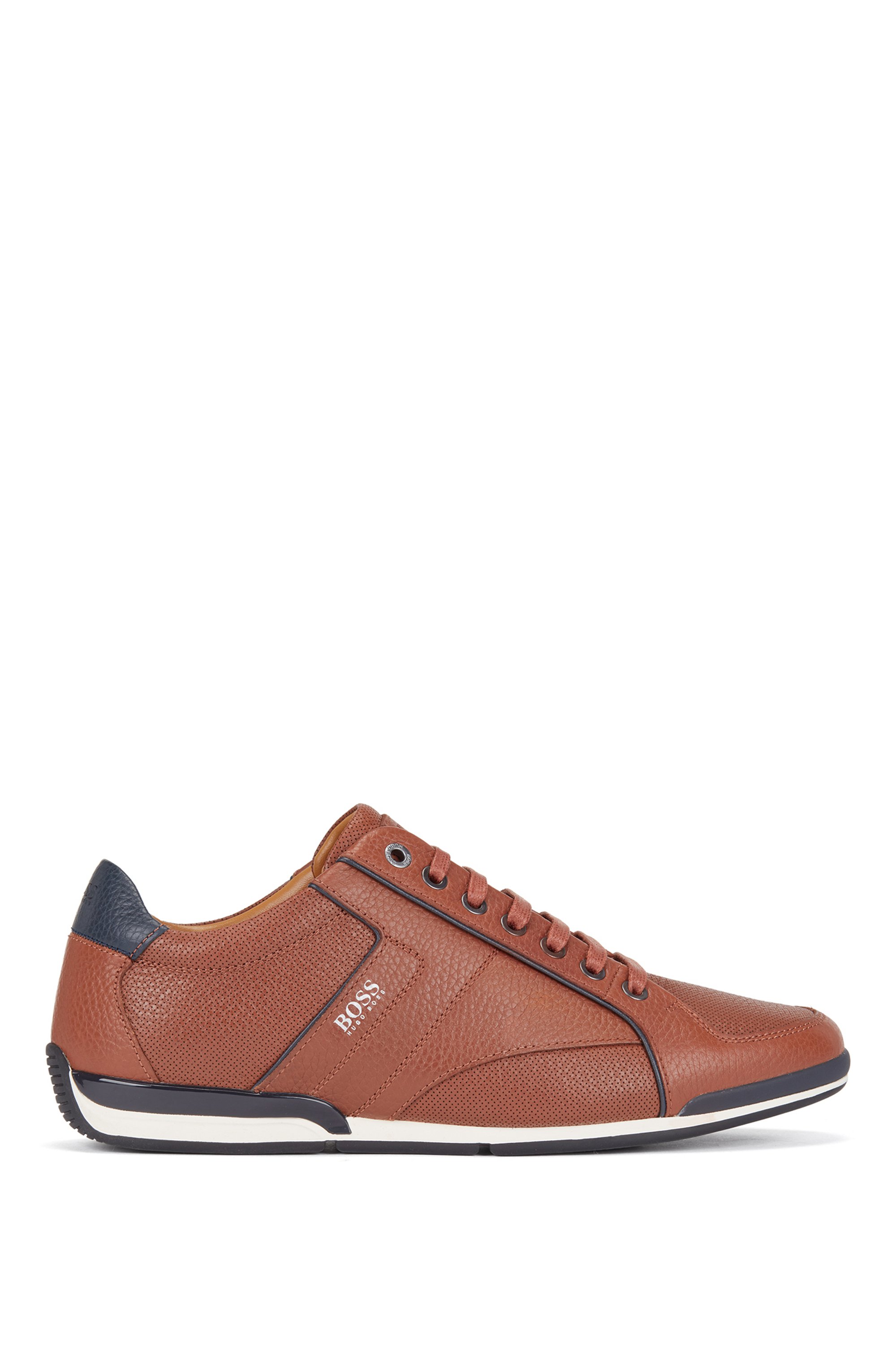 Low-top trainers in grained leather with perforated details, Brown