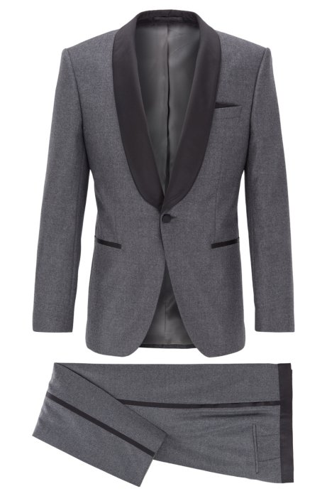 Slim-fit tuxedo in virgin wool with silk trims, Grey