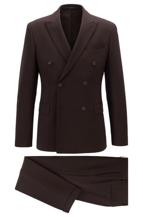 Slim-fit double-breasted suit in stretch virgin wool, Dark Brown