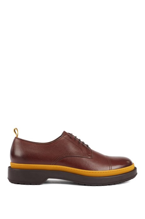 Leather Derby shoes with lug sole and contrast detail, Dark Brown