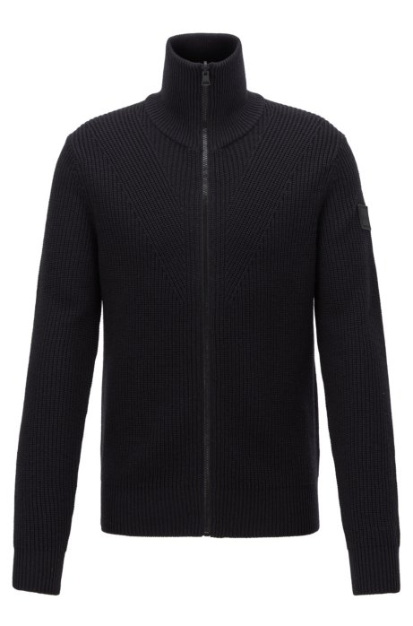 Regular-fit knitted jacket with stand collar, Dark Blue