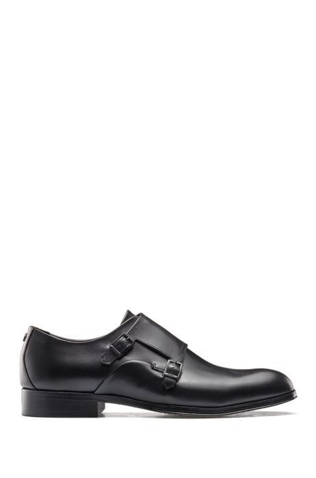 Double-strap monk shoes in burnished grained leather, Black