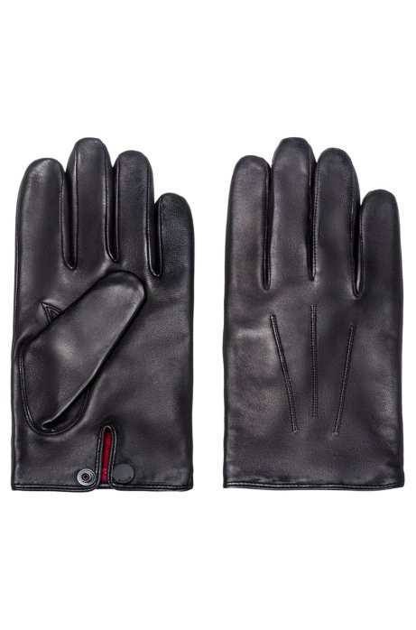 Nappa-leather gloves with branded press-stud, Black