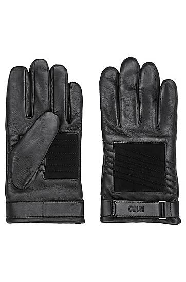 Hugo Biker-style Gloves In Leather And Suede With Logo Strap In Black