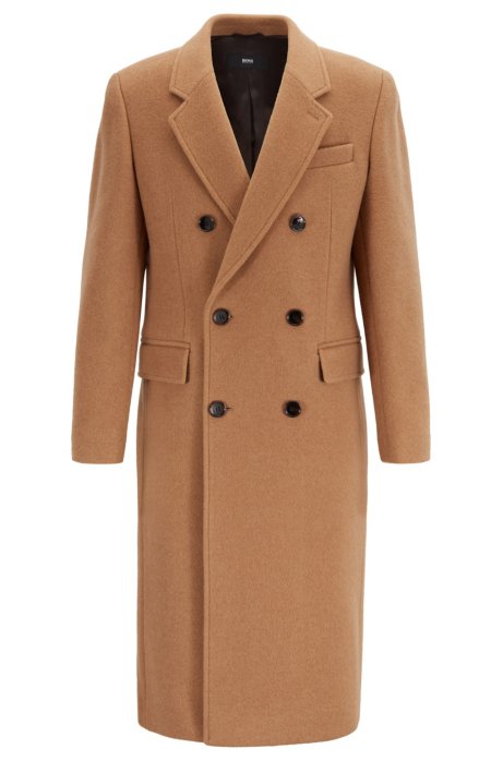 Boss Slim Fit Double Breasted Long Coat In A Camel Hair Blend