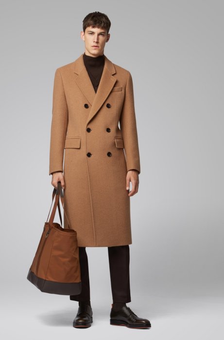 Boss Slim Fit Double Breasted Long Coat In A Camel Hair Blend