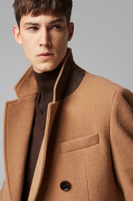 Boss Slim Fit Double Breasted Long Coat In A Camel Hair Blend