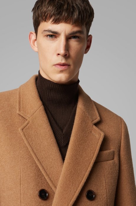 Boss Slim Fit Double Breasted Long Coat In A Camel Hair Blend