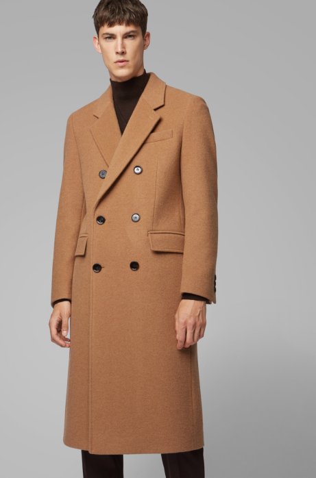 Boss Slim Fit Double Breasted Long Coat In A Camel Hair Blend