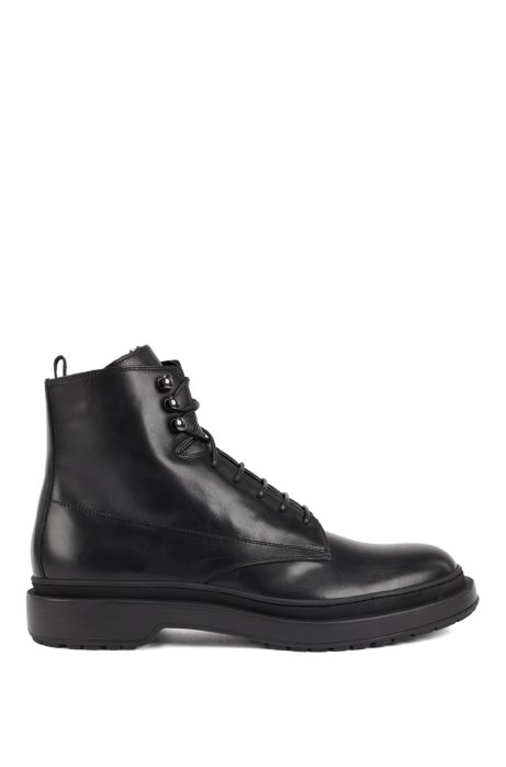 Lace-up boots in leather with shearling lining, Black