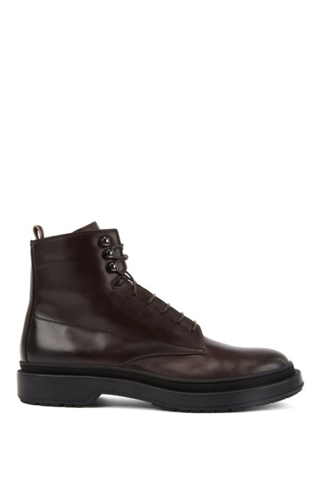 Lace-up boots in leather with shearling lining, Dark Brown