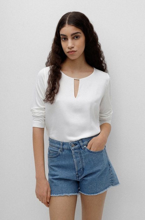 Mixed-fabric top with hardware-trimmed notch neckline, White