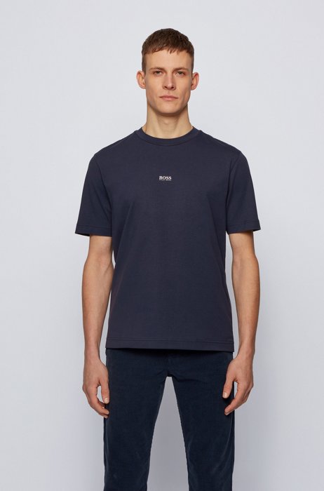 Relaxed-fit T-shirt in stretch cotton with layered logo, Dark Blue