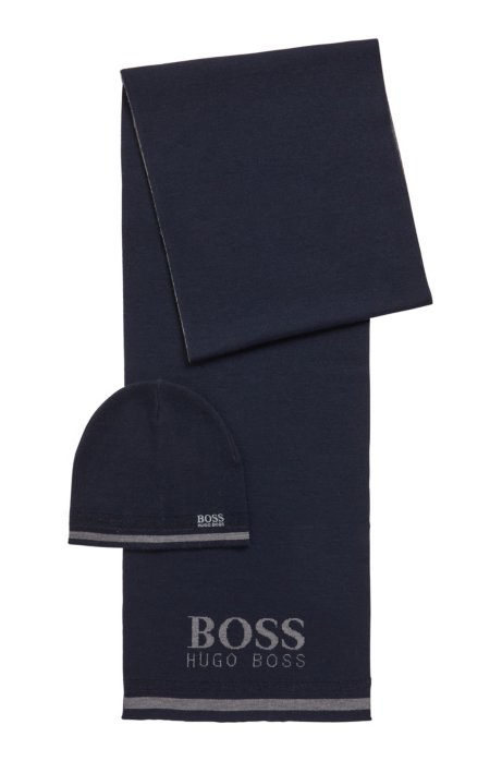 Beanie hat and scarf set in a wool blend, Dark Blue
