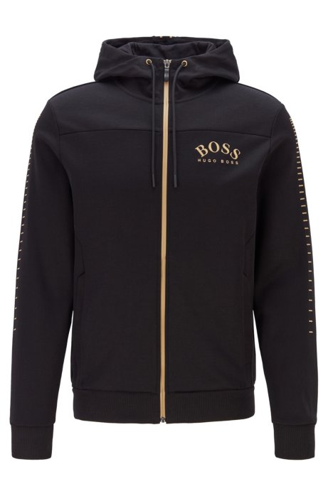 Cotton-blend zip-through hoodie with curved logo, Black