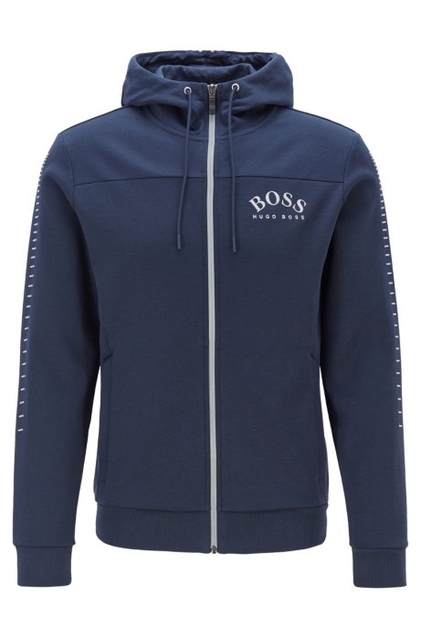 Cotton-blend zip-through hoodie with curved logo, Dark Blue