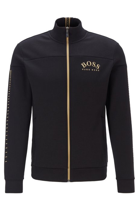 Zip-through sweatshirt with curved logo and metallic accents, Black