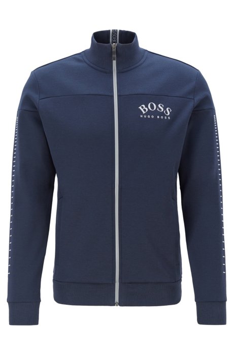Zip-through sweatshirt with curved logo and metallic accents, Dark Blue