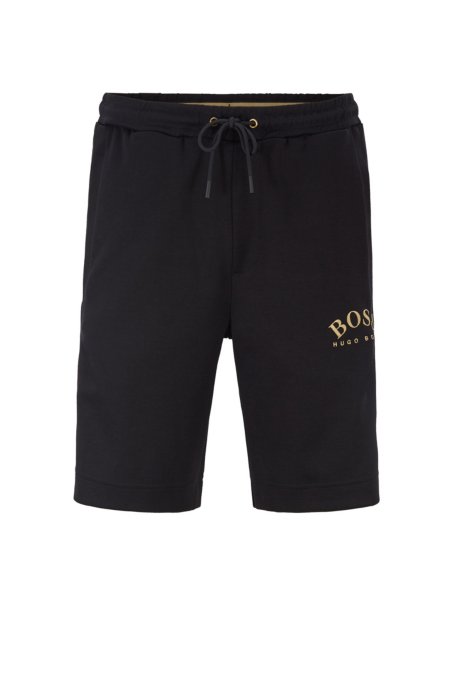 Slim-fit drawstring jersey shorts with curved logo, Black