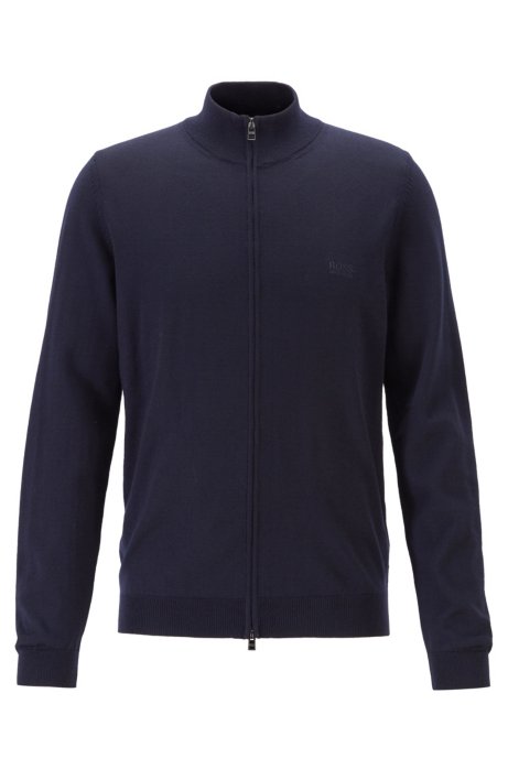 Zip-through cardigan in virgin wool, Dark Blue