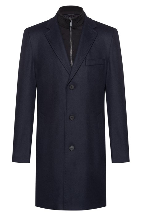 Virgin-wool-blend coat with knitted stand collar, Dark Blue