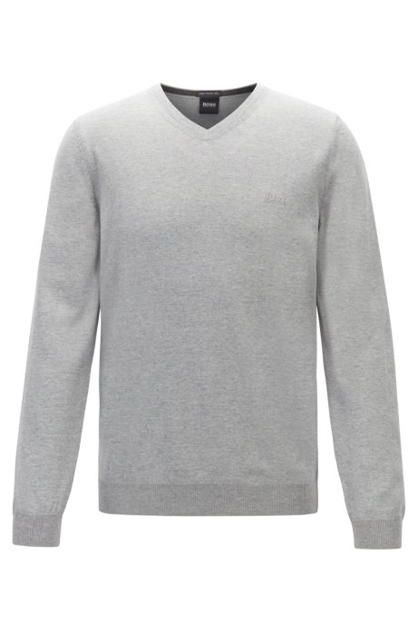 Virgin-wool V-neck sweater with logo embroidery, Grey
