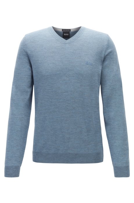 Virgin-wool V-neck sweater with logo embroidery, Open Blue