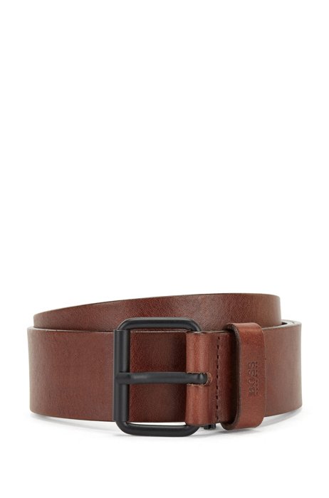 Vegetable-tanned leather belt with black roller buckle, Dark Brown
