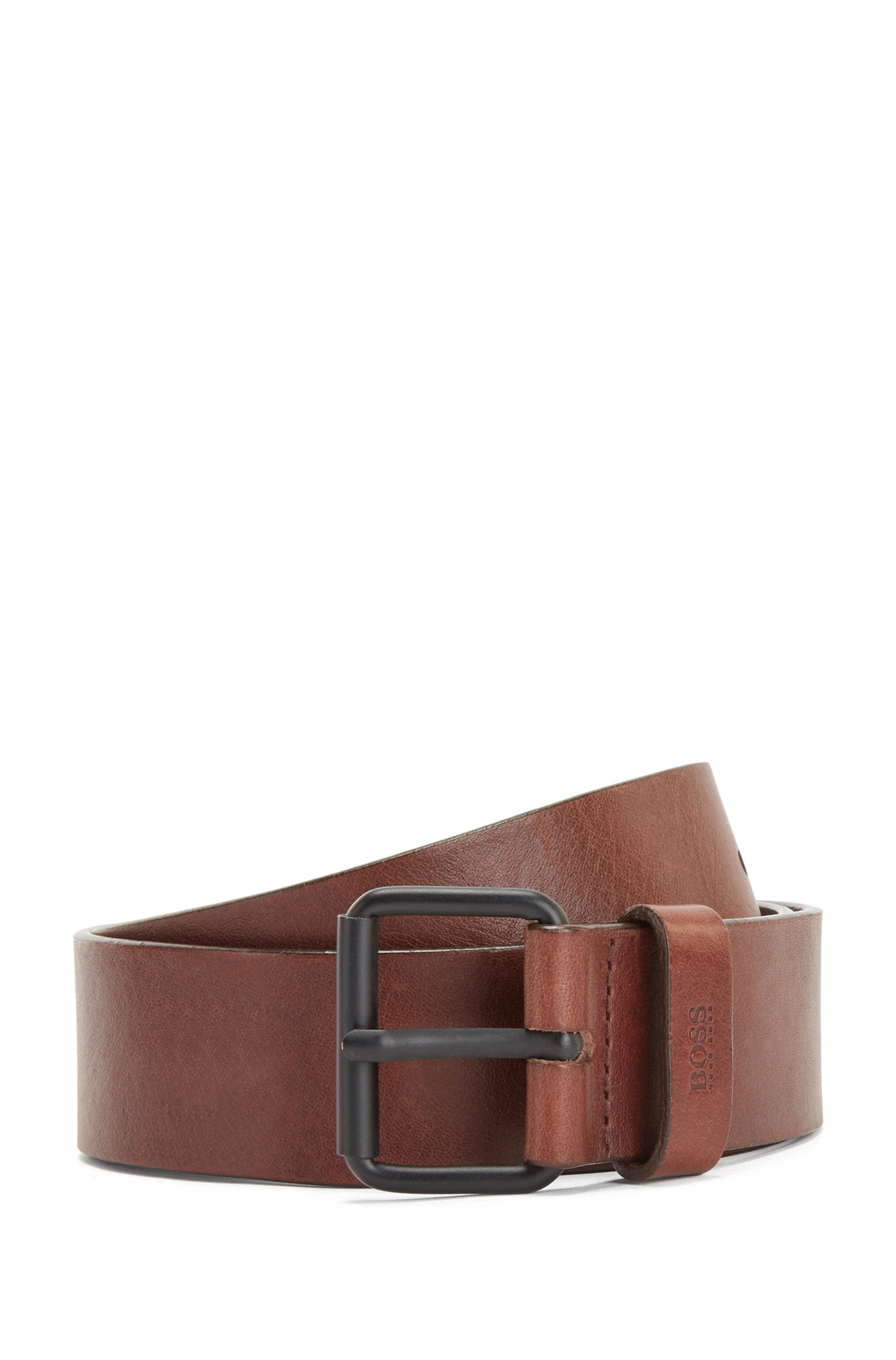 Vegetable-tanned leather belt with black roller buckle, Brown