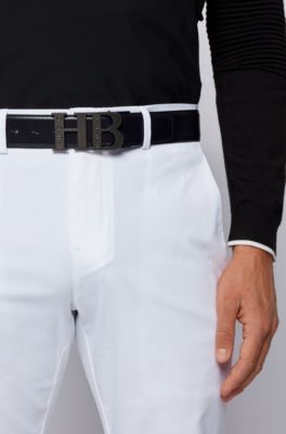 reversible leather belt with milled monogram buckle