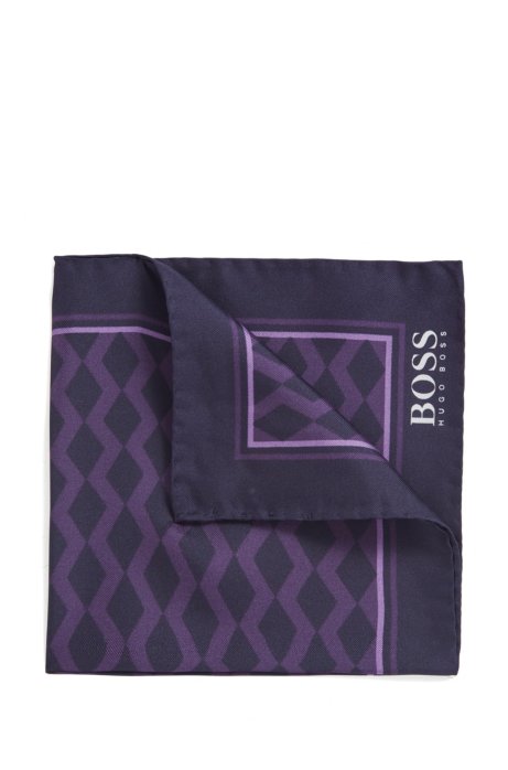 Italian-made silk pocket square with zig-zag print, Dark Purple